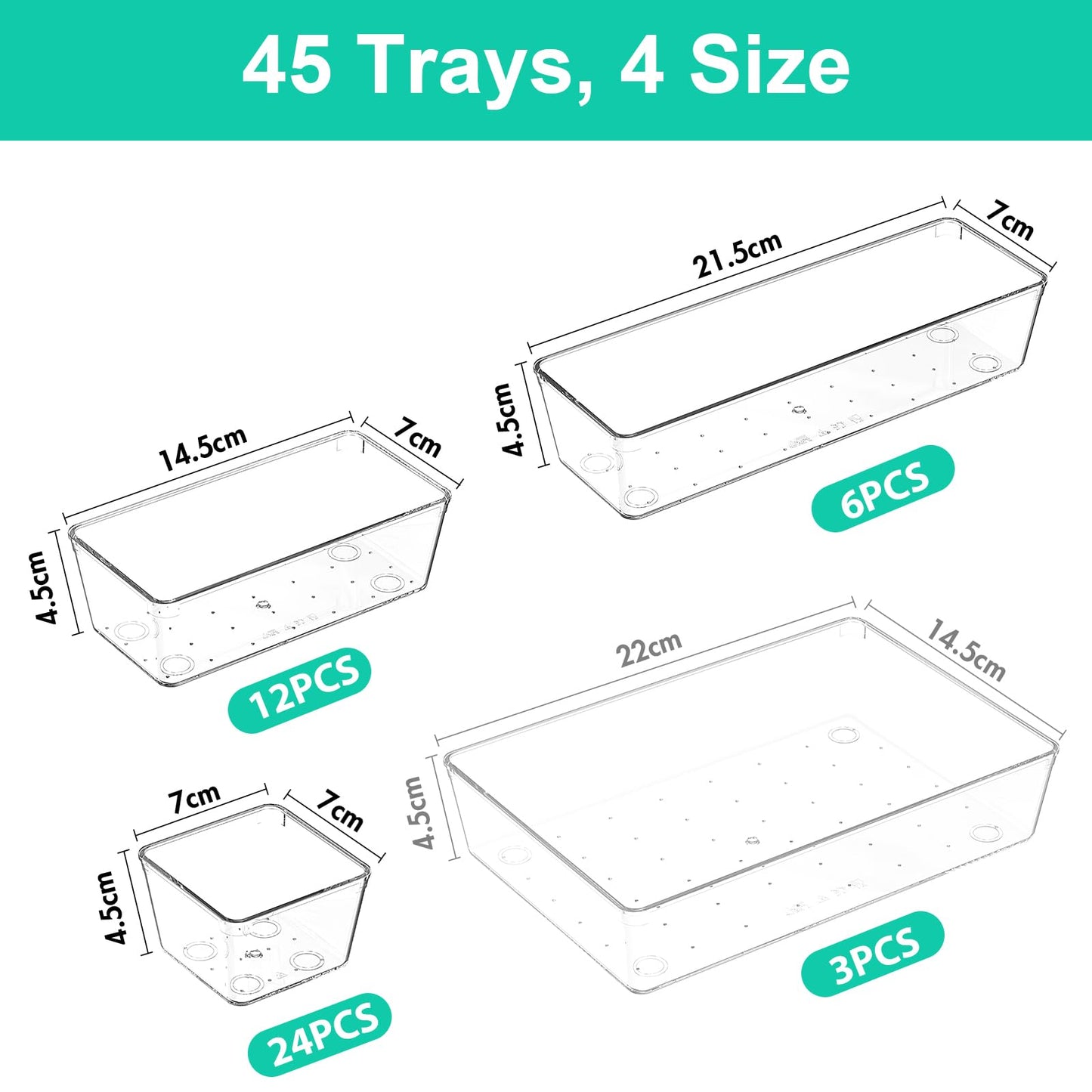VEXTHYX Clear Plastic Drawer Organizers Set of 45 Vanity trays Stackable Storage Bins Dividers Bathroom Organiser Storage Vanity Bins for Makeup, Kitchen Utensils, Jewelries, Office
