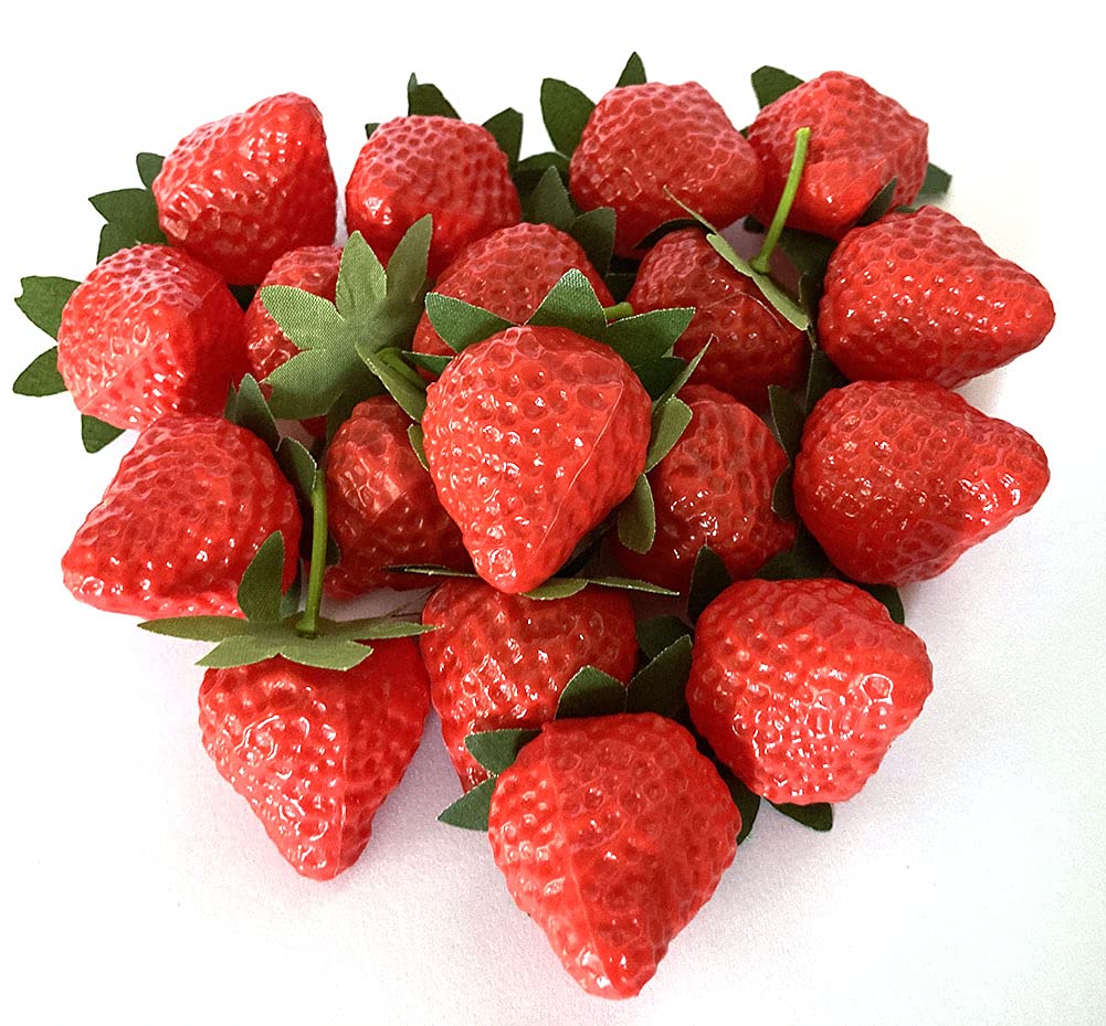 Aliotech 18PCS Plastic Artificial Red Strawberries Fake Lifelike Simulation Realistic Strawberry Artificial Fruits Decoration Photography Prop for Home Kitchen Decoration