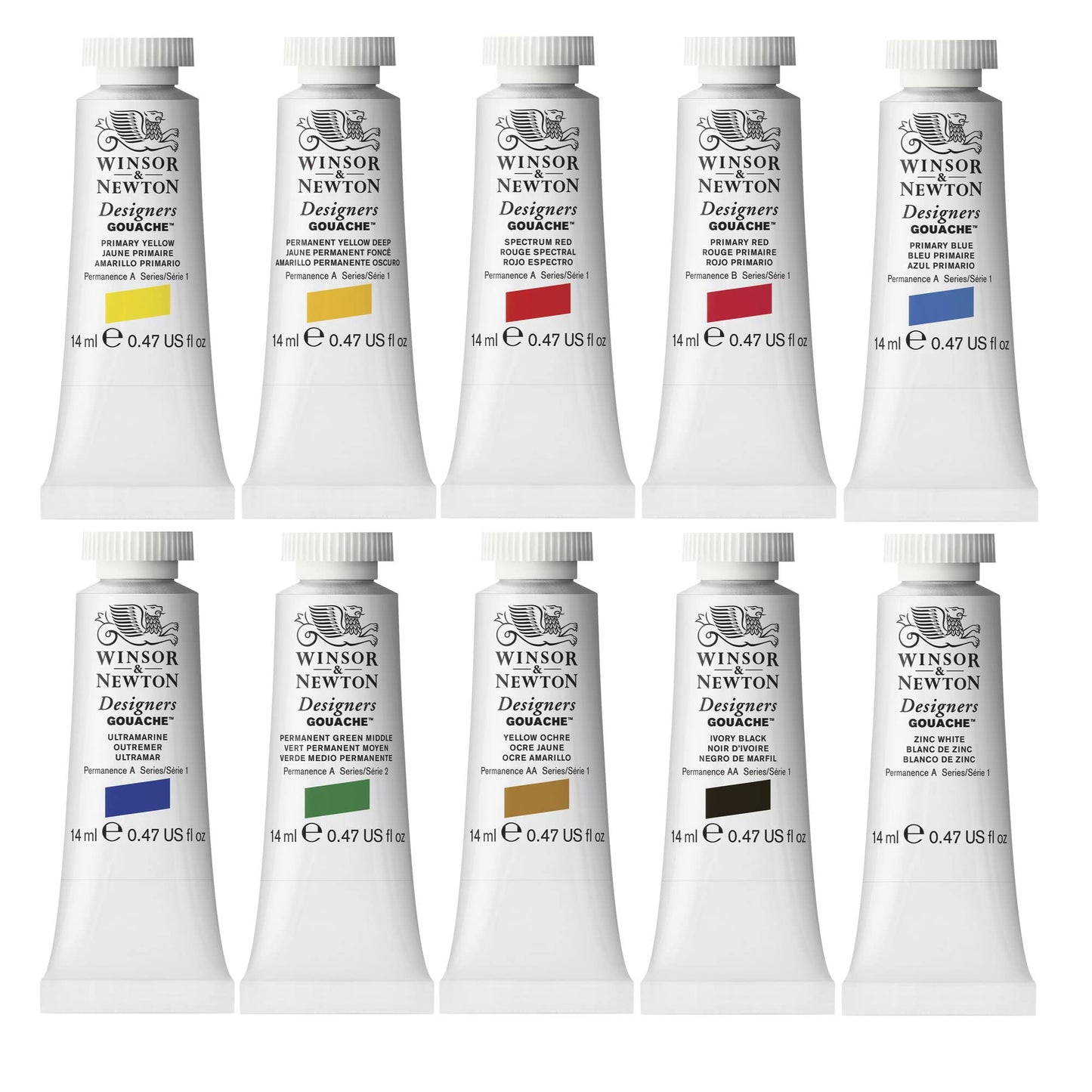 Winsor & Newton Designers' Gouache Introductory 10-Tube Paint Set, 14ml,Blue,green,ivory,white
