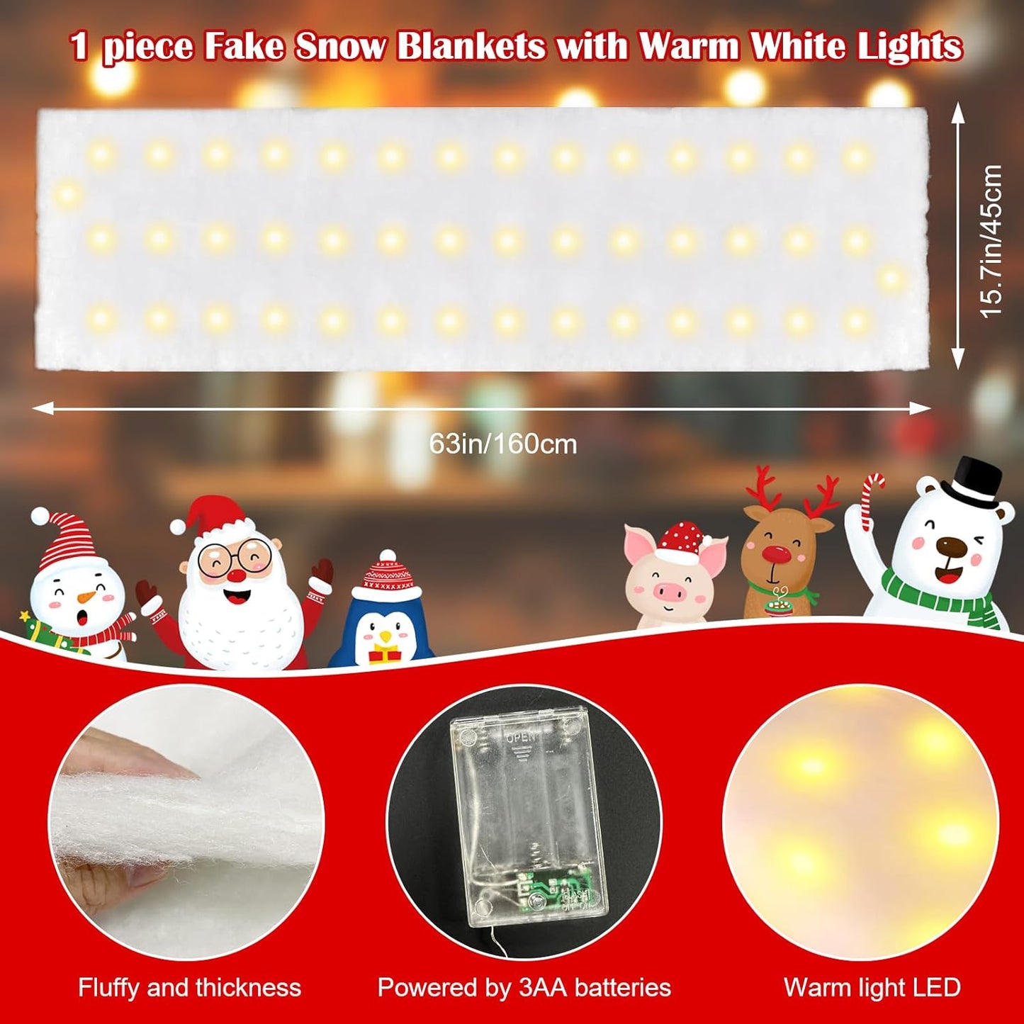 Skiennix Christmas Snow Blanket - 1.3x5.25 Ft Faux Snow Roll with 50 LED Lights for Winter Displays