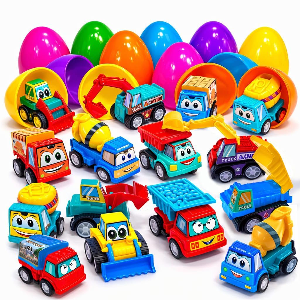 stargo 24 Pack Colorful Prefilled Easter Eggs bulk with toys - Mini Car set Construction Engineering Vehicles pull-back cars. Plastic Easter Eggs Filled, Basket Fillers, Party Favors, Boys Goodie Bags