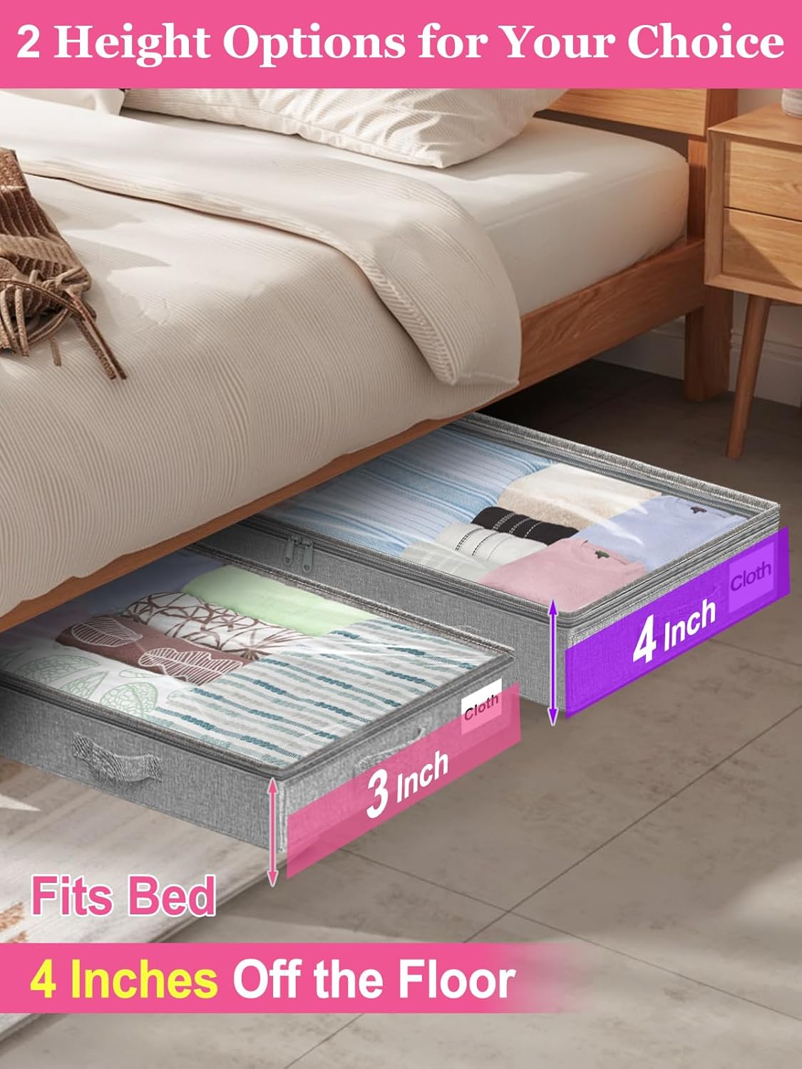 Under Bed Storage Containers by [Brand Name] - Foldable Clothes Organizer with Lid & Zipper | 3-Inch Low Profile, Gray, 2-Pack