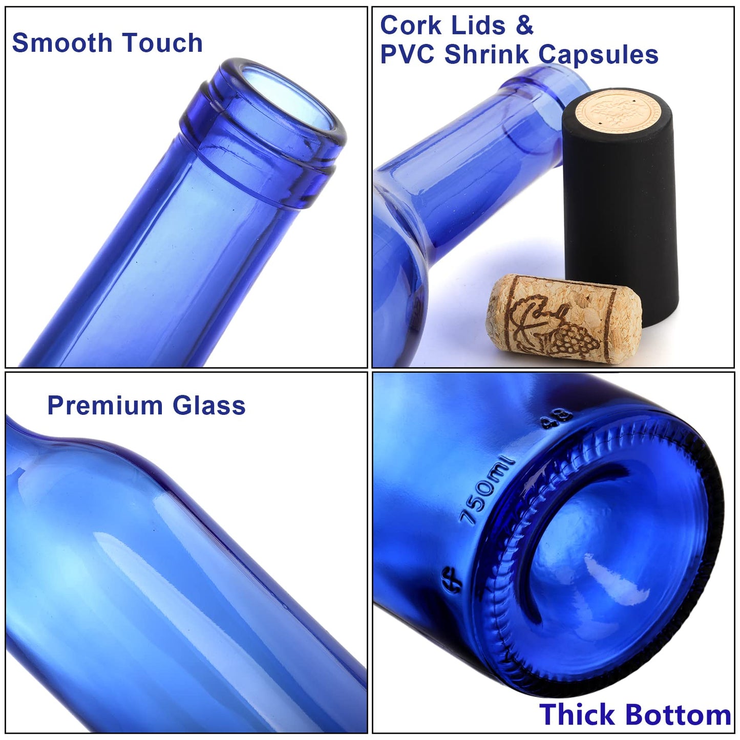 DEAYOU 8 Pack 750ml Bordeaux Wine Bottles, Glass Clear Bottles with 8 Corks and 8 PVC Shrink Capsules, Flat-Bottomed Empty Bottle for Claret, Liquor, Champagne, Juice, Beverages, Decors, Cobalt Blue