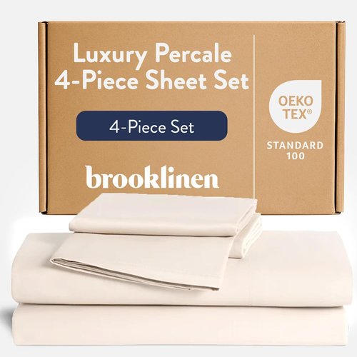 Brooklinen Luxury Percale Sheet Set - 100% Cotton Bed Sheets for Hot Sleepers | Queen Size, Cream - 4 Pieces