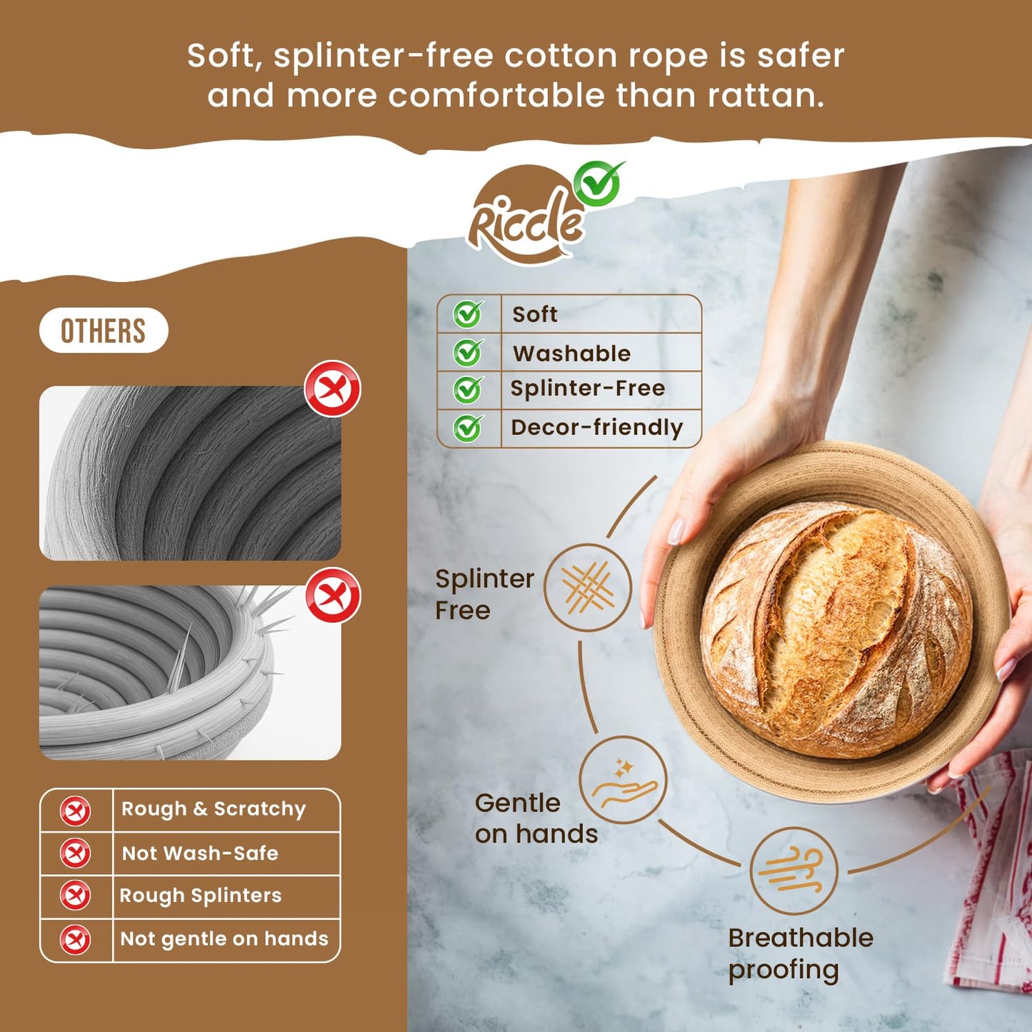 Riccle Sourdough Starter Kit – Bread Baking Supplies & Bread Making Tools with Cotton Rope Proofing Basket (9” Round & 10” Oval), Bread Lame with 15 Blades, Dough Whisk, Bowl Scraper & Silicone Brush