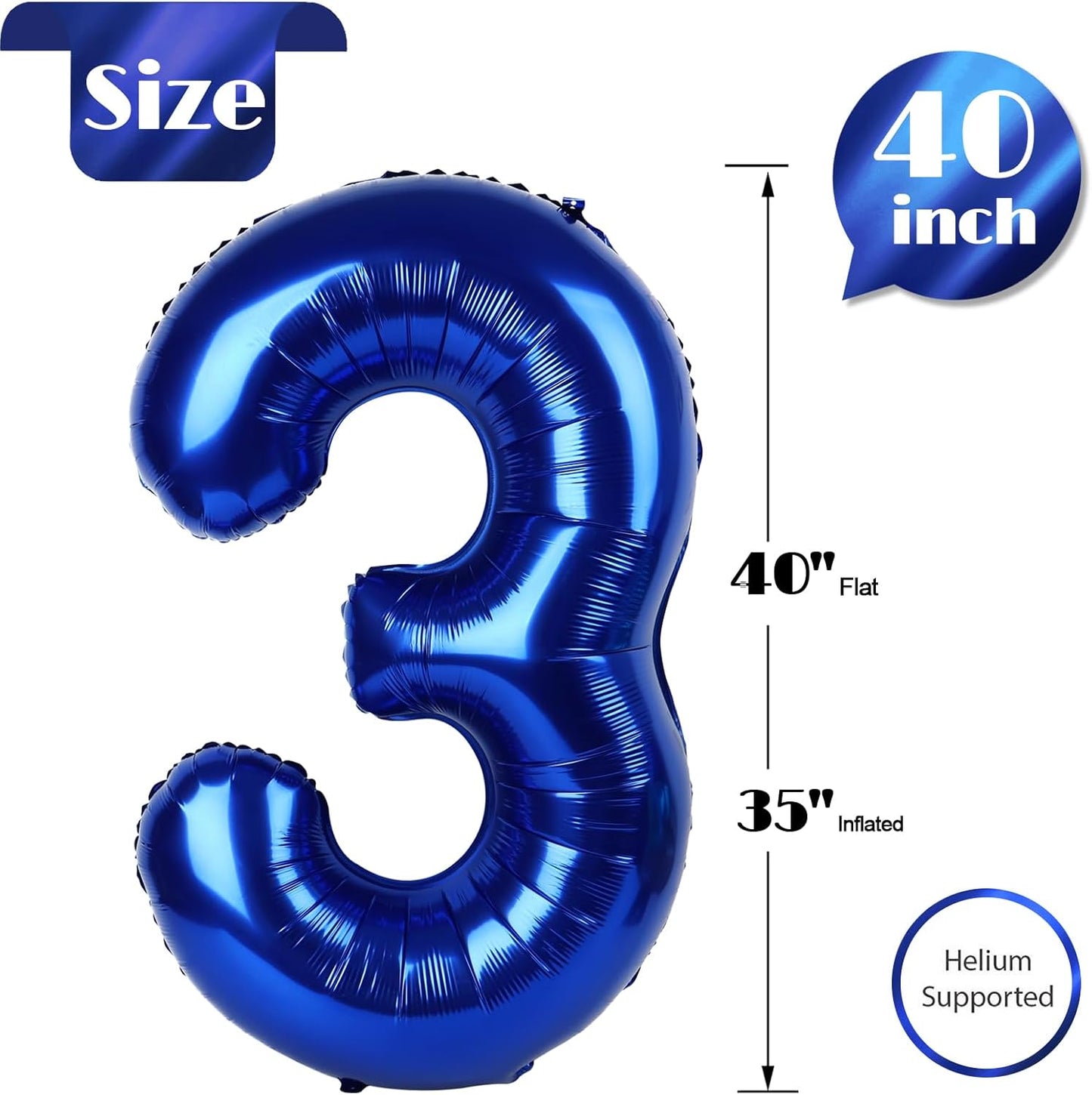 Number 3 Balloon by Night Blue - 40 Inch for 3rd Birthday Celebration | Perfect for Kids & Adults