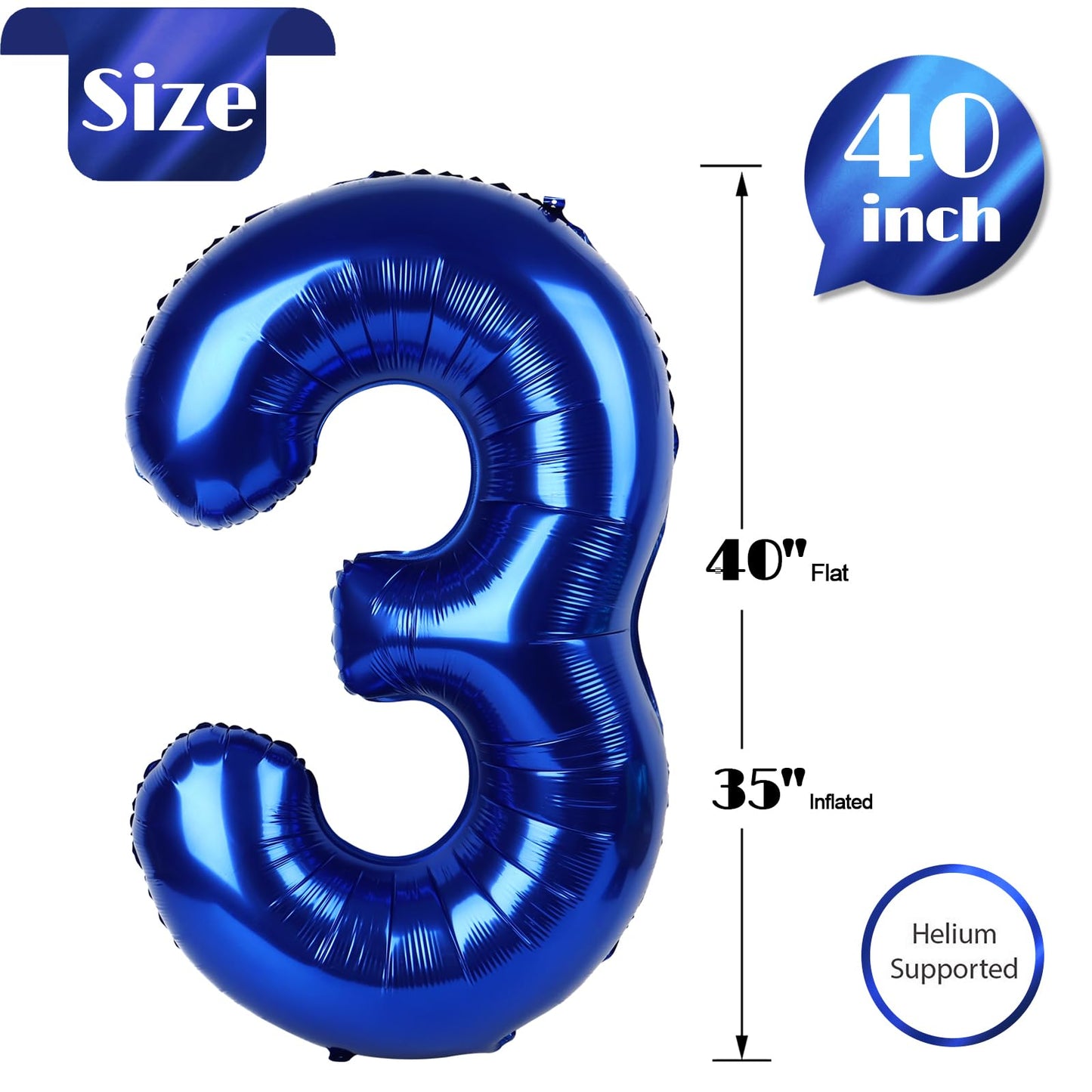 Night Blue Number 3 Balloon 40 Inch, 3rd Birthday Celebration Supplies for Girls Boys Women Men, 3 Balloon for Girls Boys Theme Party