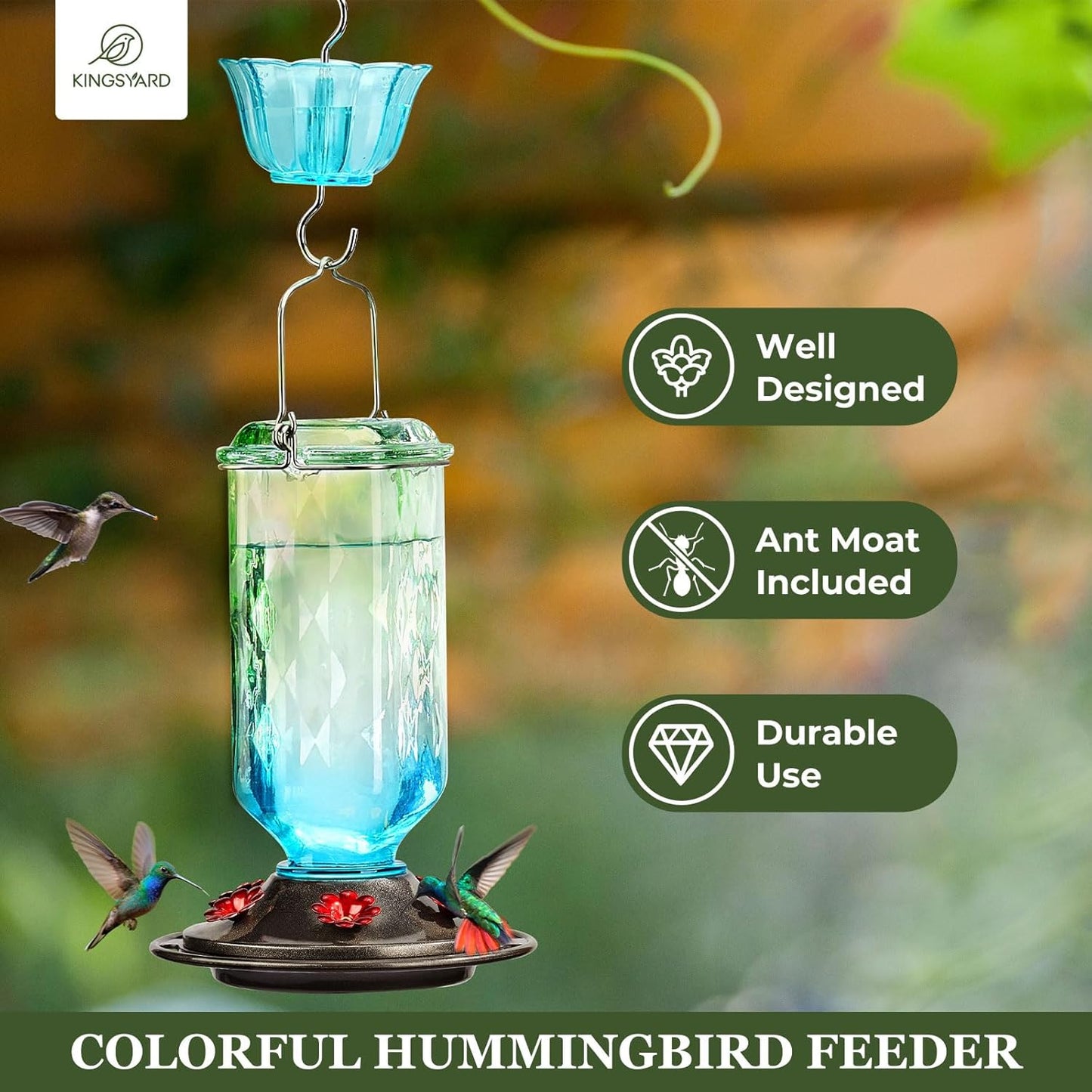 Kingsyard Hummingbird Feeder - 24 Ounce Outdoor Glass Nectar Feeder with 6 Ports & Ant Moat | Green & Blue