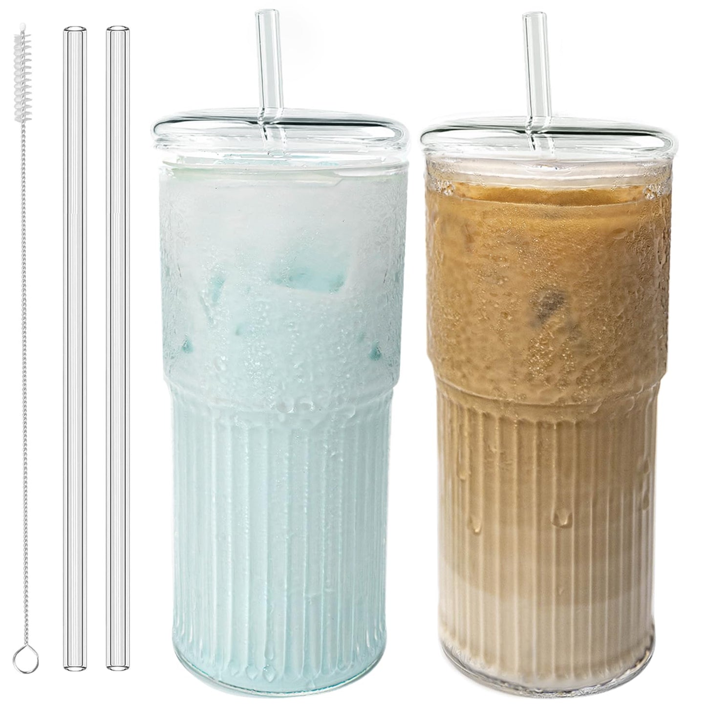 Luiaiog Glass Cups with Lids and Glass Straws, High Borosilicate 20OZ Tumblers (2Pcs) for Coffee, Tea, Juice, Smoothies, Hot/Cold Drinks at Home, Office（Christmas Creative Drink Label Design）