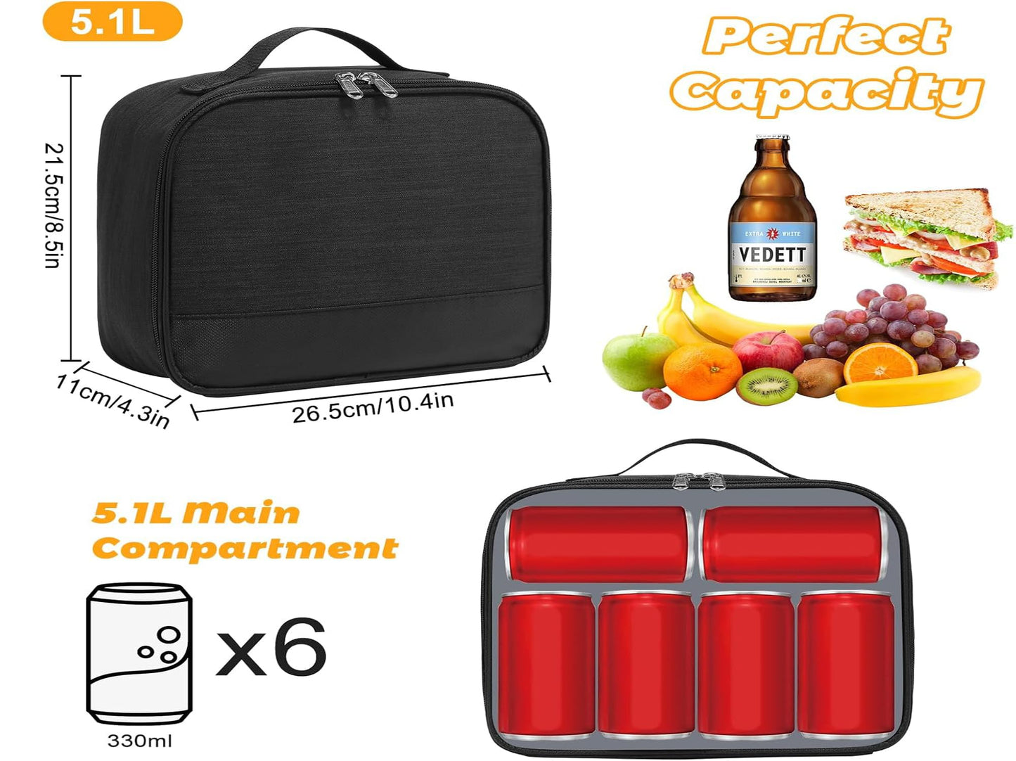 ZM-YOUTOO Lunch Box for Men - Reusable Lunch Bag Men Adult Women- Insulated LunchBox for Office Hiking Camping (Black)