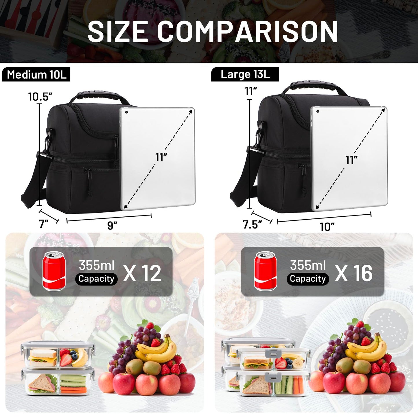 MIER Adult Lunch Box Insulated Lunch Bag Large Cooler Tote Bag for Men, Women, Double Deck Cooler(Black Large)