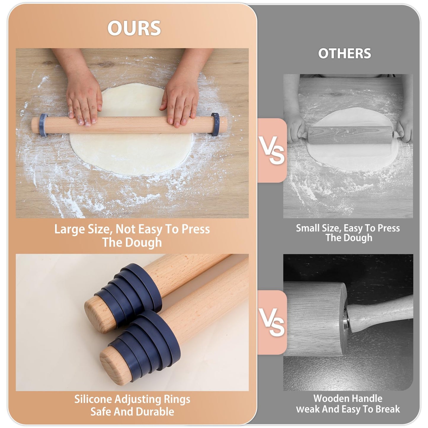 Adjustable 17.5 Inches Wood Rolling Pin with Thickness Rings for Baking -Non Stick Wooden Dough Roller Pin with Spacer Bands for Cookie,Pie Crust, Pastry Fondant By Folksy Super Kitchen(17.5, Grey)