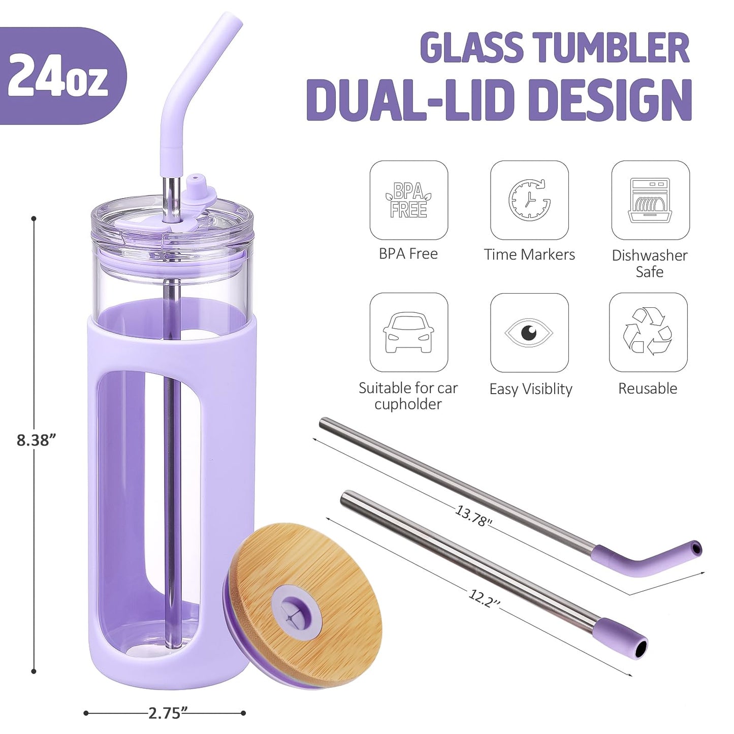 Kodrine 24oz Glass Tumbler with 2 Lids and Straws, Glass Cup With Bamboo Lid and On-the-go Lid, Reusable Iced Coffee Cup, Ideal for Smoothie, Cold Drinks, Fit Cup Holder, BPA Free (1, Purple)