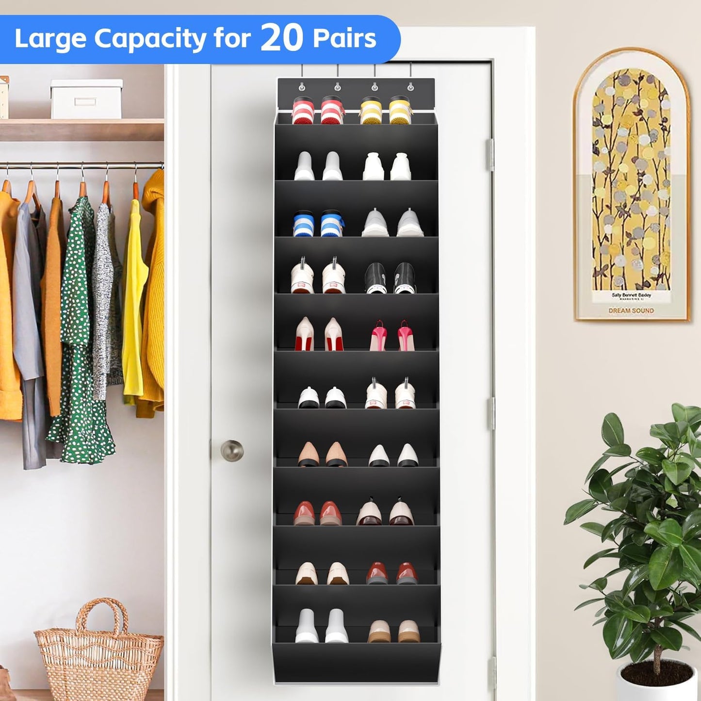Regeleto Over The Door Shoe Organizer - 10 Tiers Storage Rack for 20 Pairs of Sneakers & Boots (Black)
