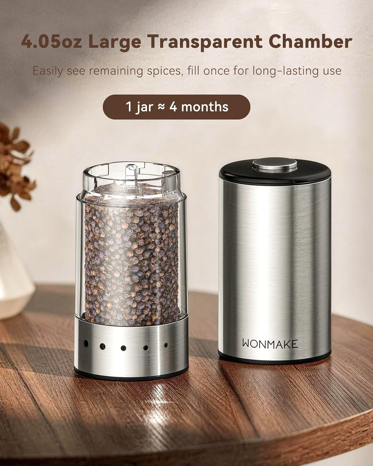 Skiennix Electric Salt and Pepper Grinder Set - Type-C Rechargeable with LED Display | Stainless Steel, 5 Coarseness Levels