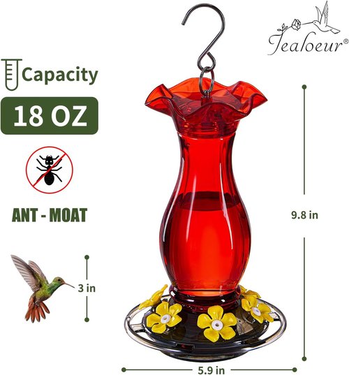 Jealoeur Hummingbird Feeder - 18 OZ Outdoor Feeder with 6 Bee Guards & Ant Moat | Easy to Clean, Red