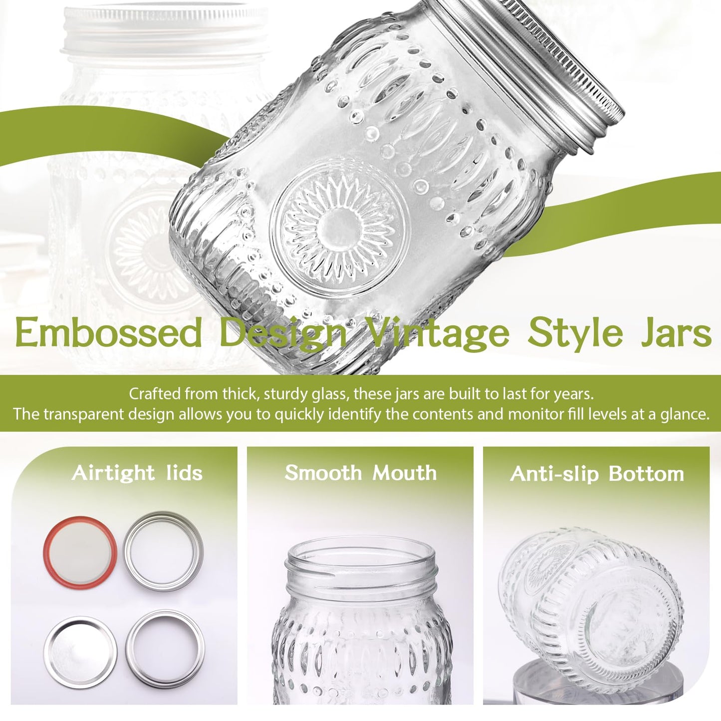 16oz Glass Mason Jars with Embossed Pattern, 15-Pack Pint Canning Jars with Airtight Lids for Fermenting,Overnight Oats,Pickling,Preserving,Ideal for Centerpieces,DIY Crafts,or Wedding Favors