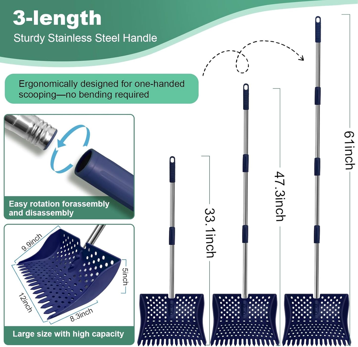 US Patent Pending 12-Inch Chicken Poop Scooper & Rake - Stainless Steel Handle | 3-Shape Sifting Holes (Blue)