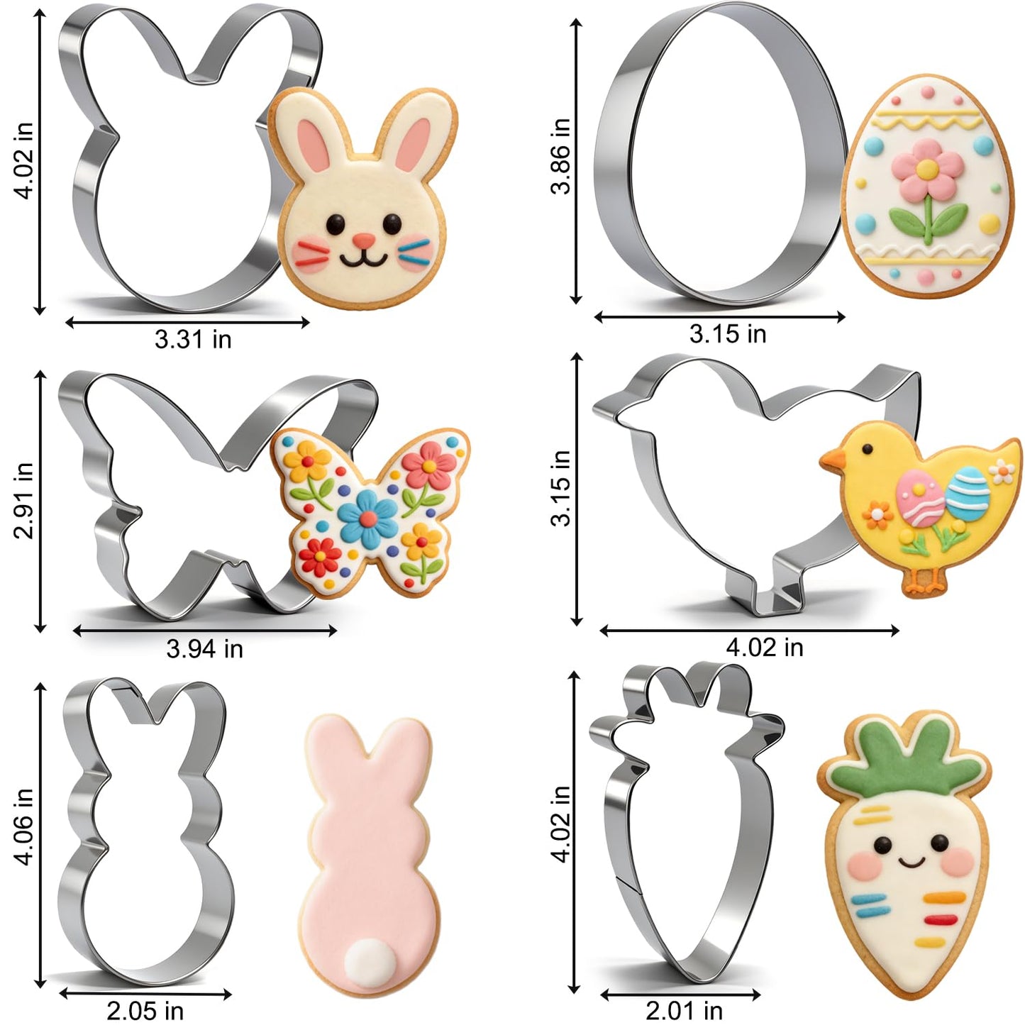 6Pcs Large Easter Cookie Cutters for Kids, 4'' Bunny Head, Egg, Chicken, Rabbit, Carrot, Butterfly Shapes, Metal Biscuit Molds for Easter Spring Holiday Themed Baking Supply
