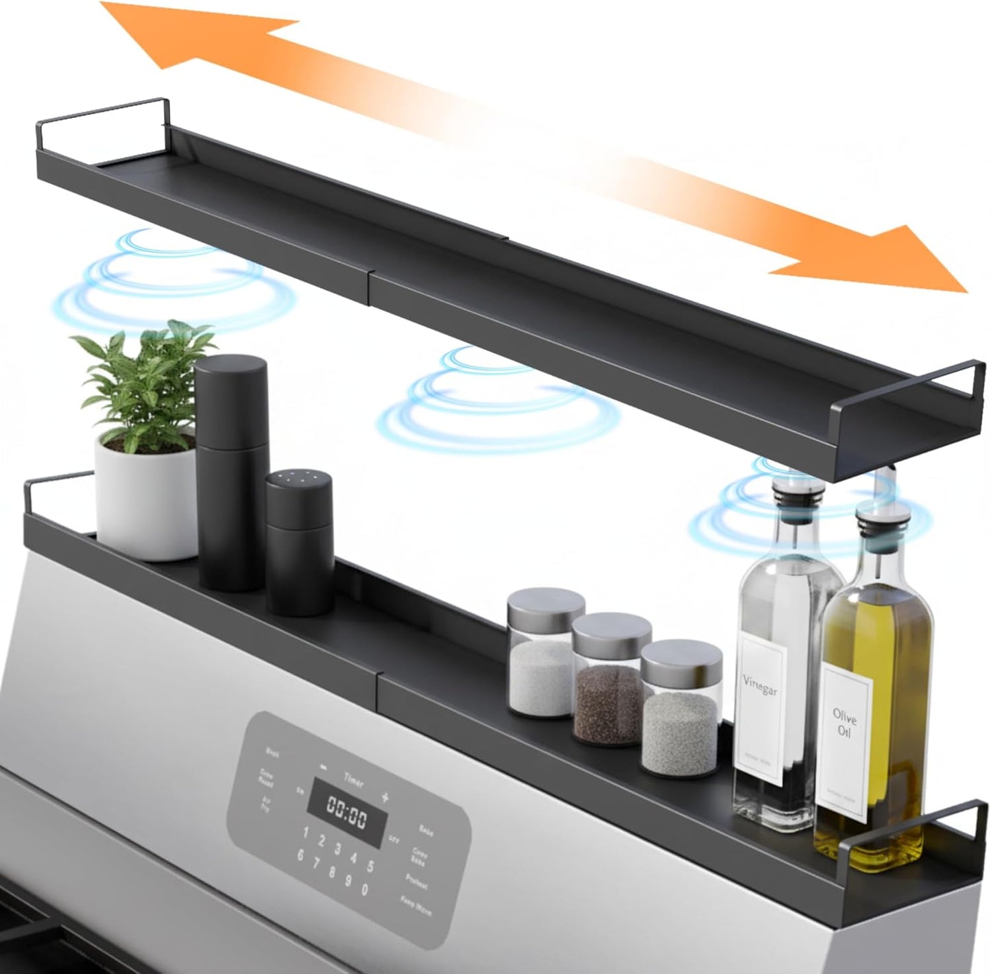Skiennix Extendable Steel Over The Stove Shelf - Magnetic Spice Rack For Kitchen (16 to 30 Inches)