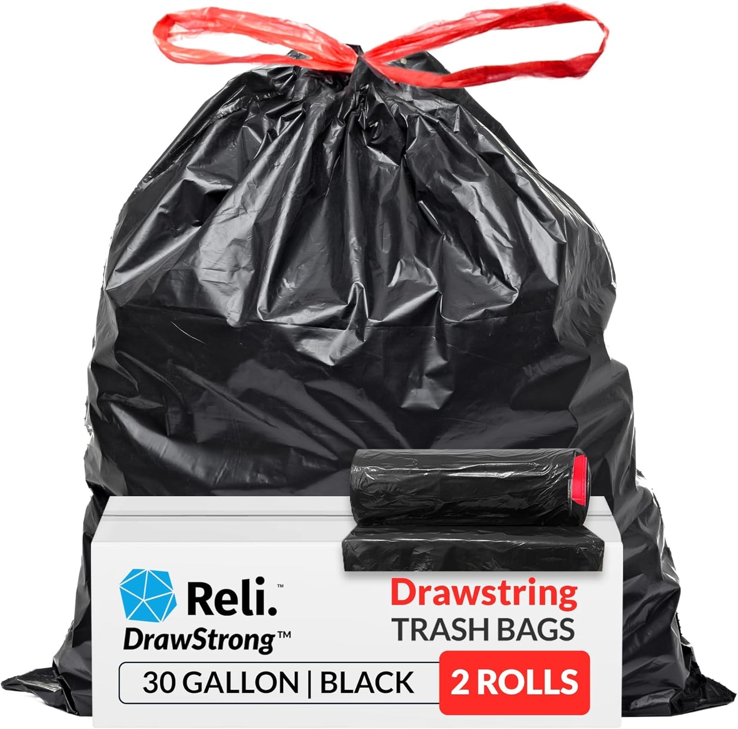 Reli. Heavy-Duty 30 Gallon Trash Bags with Drawstring - 150 Count | Black Garbage Bags