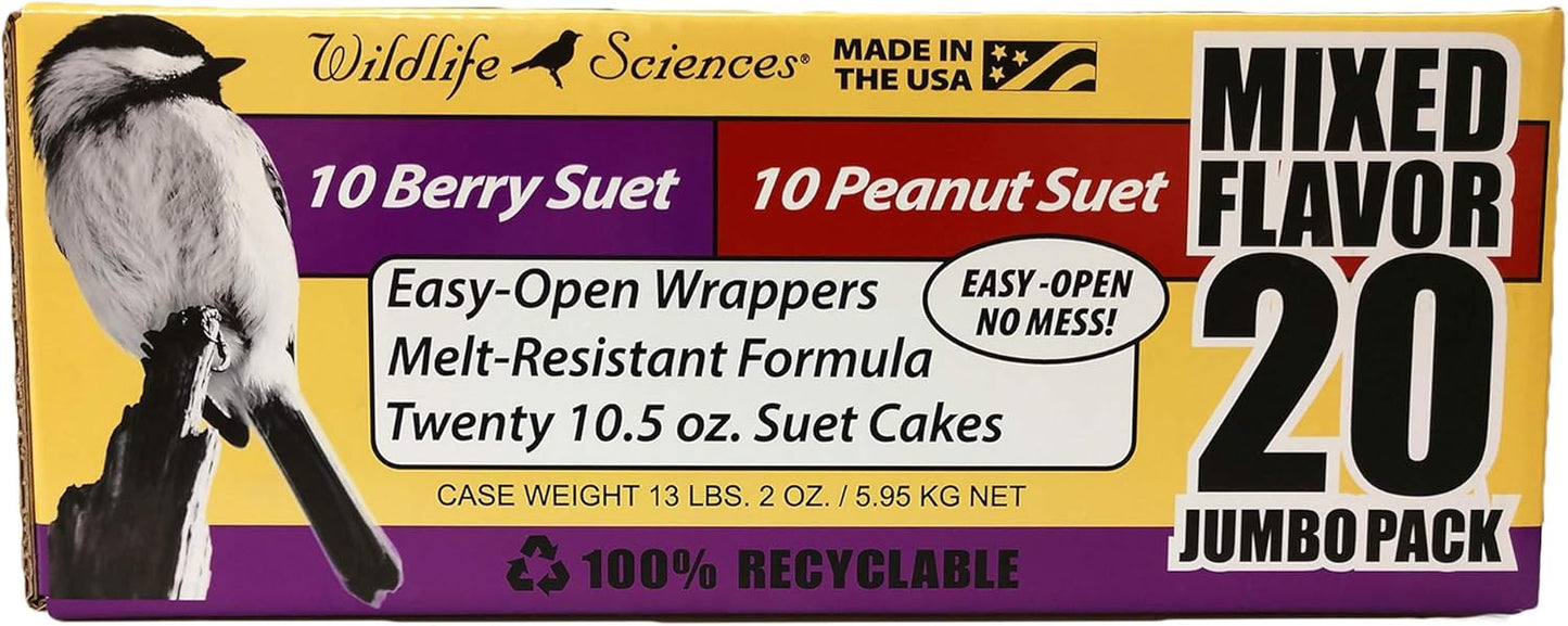 Wildlife Sciences Jumbo Suet Cake 20 Pack - 10 Peanut & 10 Berry | 10.5 oz. Suet Cakes for Wild Birds