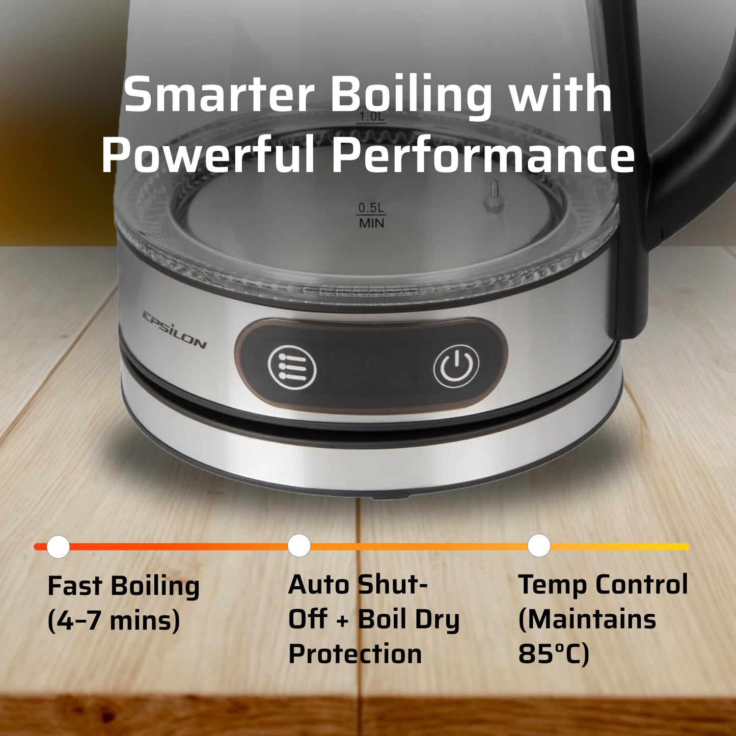 Epsilon 1.8L Glass Electric Kettle – Hot Water Tea Kettle with Borosilicate Glass & Stainless Steel, Auto Shut-Off, Fast Boil 1100W Electric Teapot, BPA-Free, Cool Touch Base