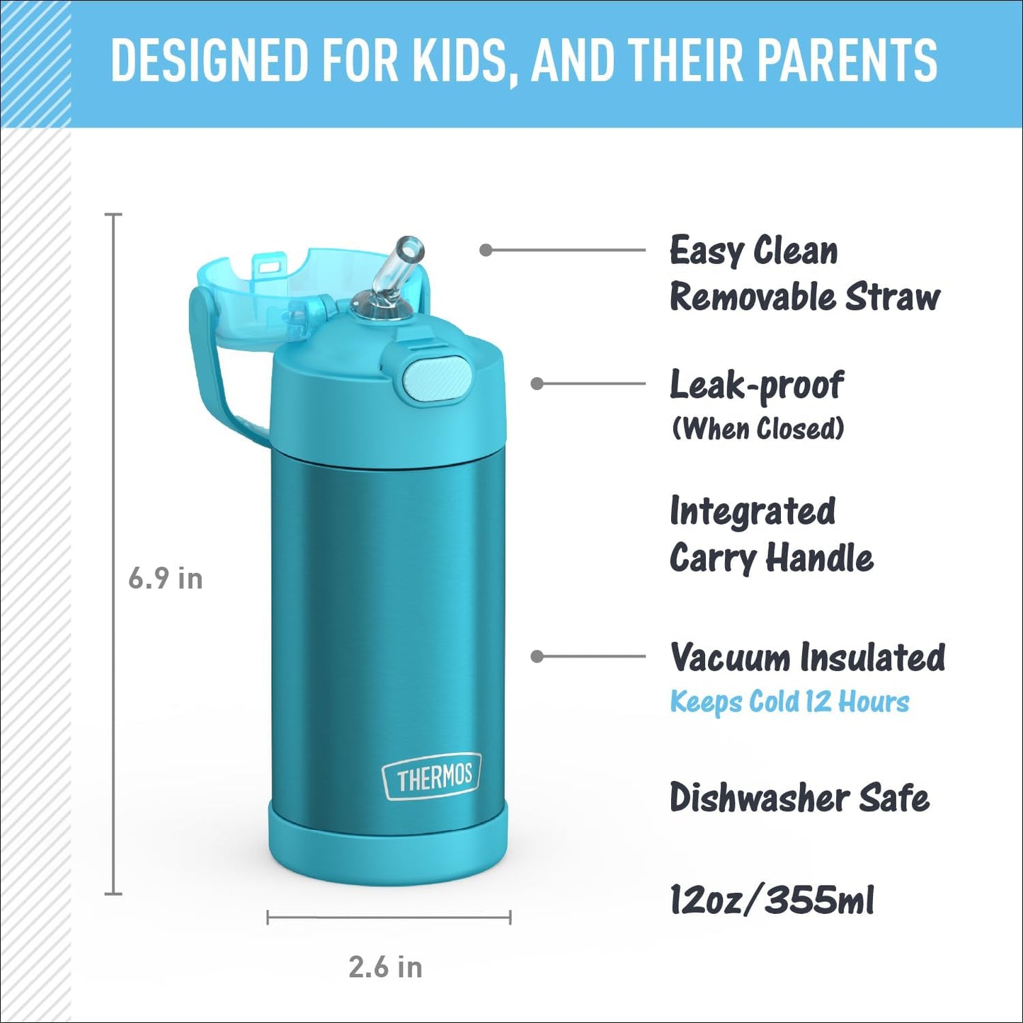 THERMOS FUNTAINER Water Bottle - 12 Ounce Kids Stainless Steel Vacuum Insulated with Straw - Teal