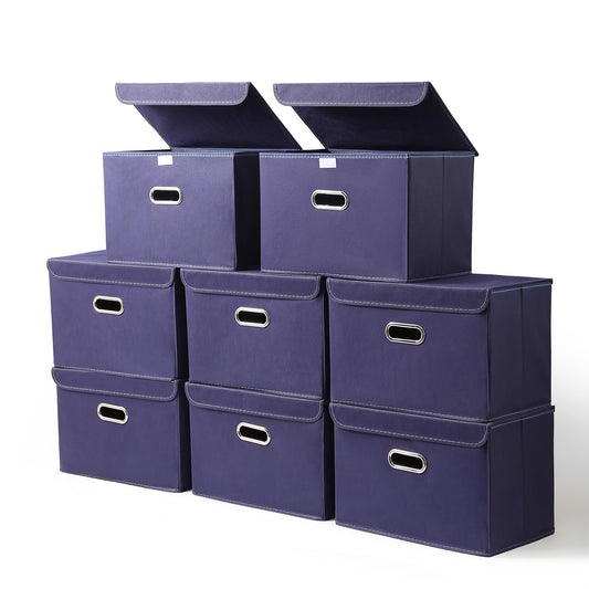 STOREONE Fabric Storage Cube Bins Foldable Organizer Container Collapsible Basket with Lids and Metal Handles, for Home, Bedroom, Closet 8 Pcs (Navy Blue)