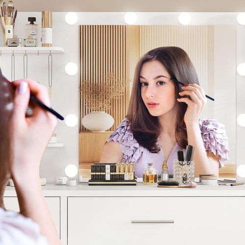 FIONESO Vanity Desk with LED Light Mirror & Power Outlet, 3 Adjustable Light Color, Makeup Vanity with 7 Drawers, 4 Shelves, 5 Jewel Hooks, White Vanity for Bedroom, Girls Vanity