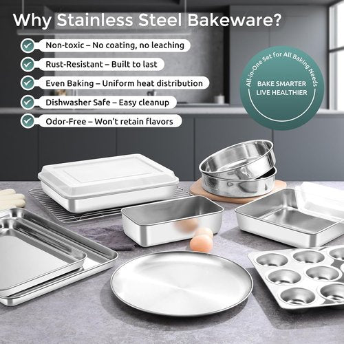 E-far 12-Piece Stainless Steel Bakeware Set - Multi-Functional Pans with Lids for Cakes, Muffins & Pizza