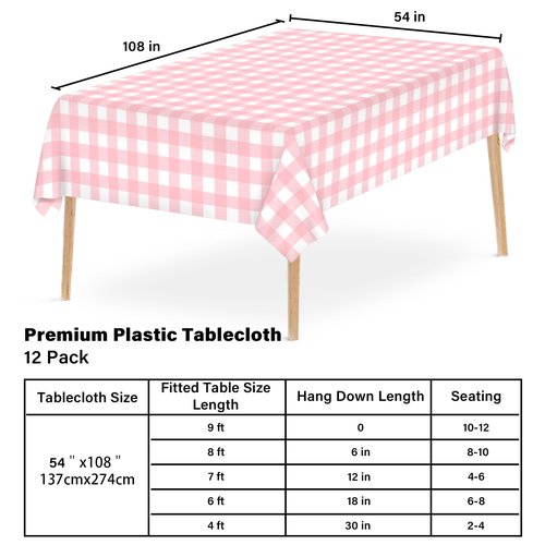 12 Pcs Pink Gingham Tablecloth 54 × 108 Inches Pink and White Checkered Table Cloth Disposable Plastic Waterproof Tablecover for Outdoor Picnic, Birthday Party, Holiday Dinner