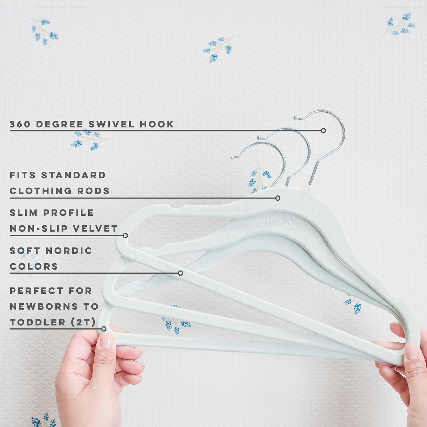 3 Sprouts Velvet Baby Hangers - Non-Slip Hangers for Infant and Toddler Clothes - Slim Space-Saving Design with Nordic Colors for Nursery - 30 Pack - Blue