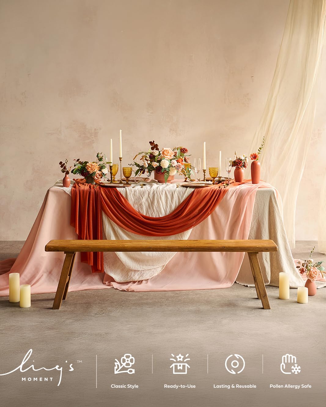 Ling's Moment 10Ft Burnt Orange Sheer Chiffon Table Runner Terracotta Tablecloth Rust Linens with Silver Sparkle for Wedding Rustic Boho Party Bridal Shower Decorations Birthday Party Fall Decor
