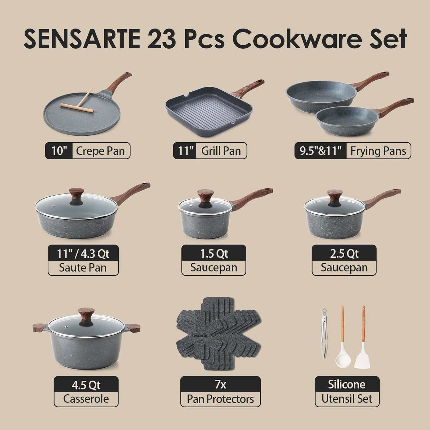 SENSARTE Nonstick Granite Cookware Set - 23 PCS Healthy Pots & Pans | PFOA & PFOS Free, Gray