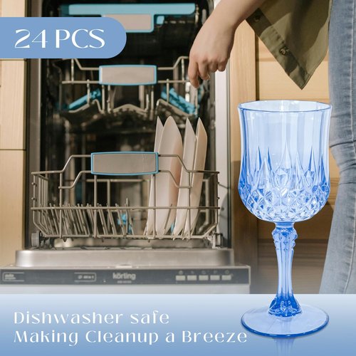 CHLJAR 24 PCS Plastic Blue Wine Glasses Goblets Blue Vintage Wine Glasses, Reusable Drinkware Vintage Champagne, Plastic Goblets for Parties for Wedding Reception Grand Event Party, 7oz
