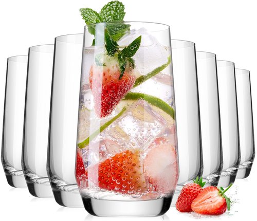 16.2oz Drinking Glasses Set of 8, Tall Water Highball Glasses, Unique Design Lead-Free Crystal Glassware, Glass Cups for Mojito and Mixed Drink Cocktail Glass Set