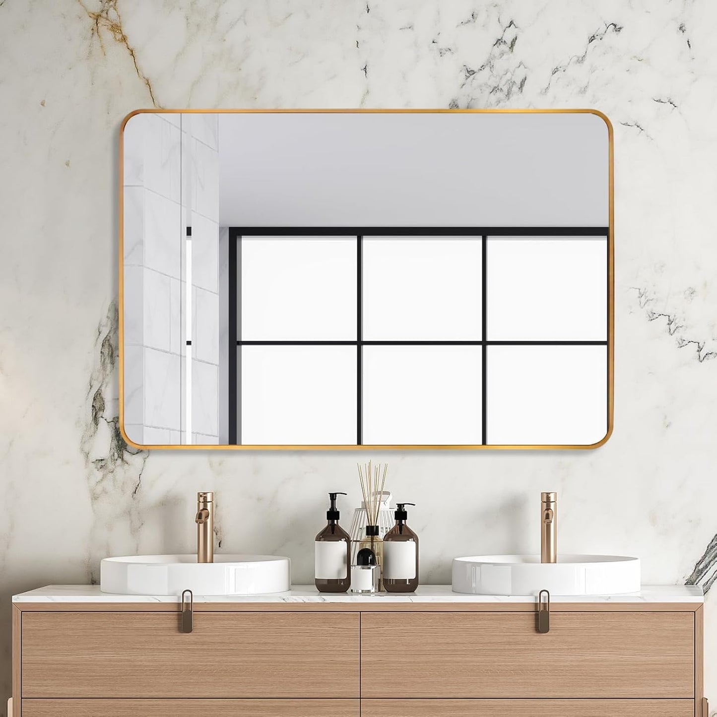 22x30 Mirror, Wall-Mounted Rectangular Bathroom Mirror, Gold Aluminum Metal Frame 30X22 Decor Mirror, Makeup Vanity Mirror for Bathroom, Bedroom, Living Room, Entrance