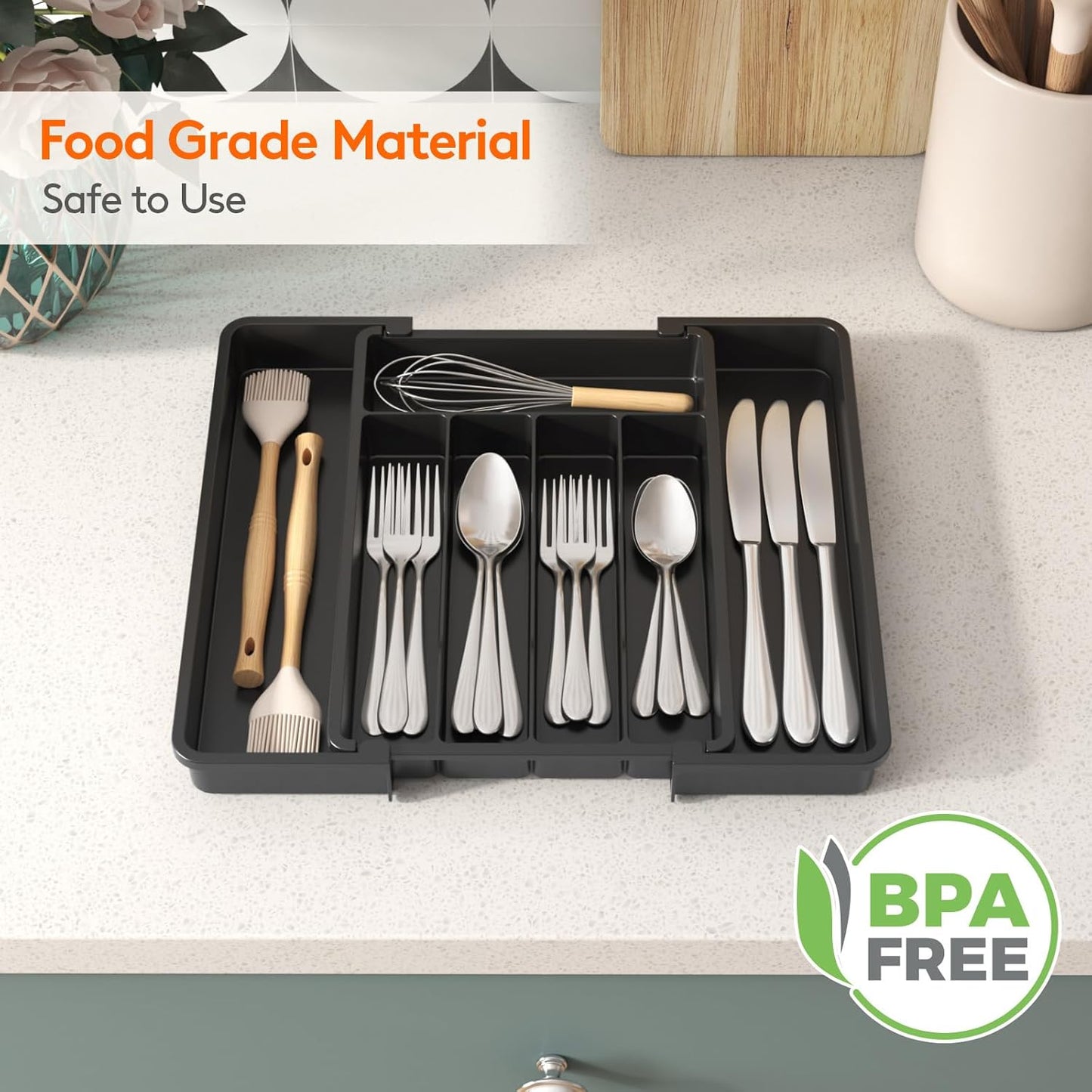 Lifewit Expandable Silverware Organizer - BPA-Free Plastic Utensil Tray for Kitchen Drawers | Black, 8.5-14 x 12 x 1.5 Inch
