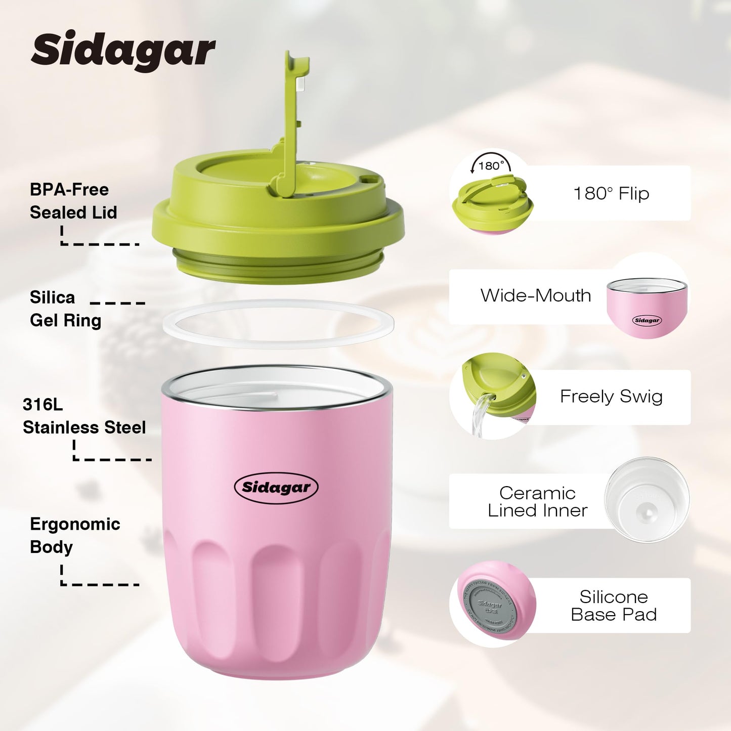 Sidagar Travel Coffee Mug 10 oz Ceramic Lined Tumbler, Double Wall Stainless Steel Coffee Cup with Lid, Vacuum Spill Proof Mini Water Bottle, Insulated Thermal Mug for Home Office,Pink