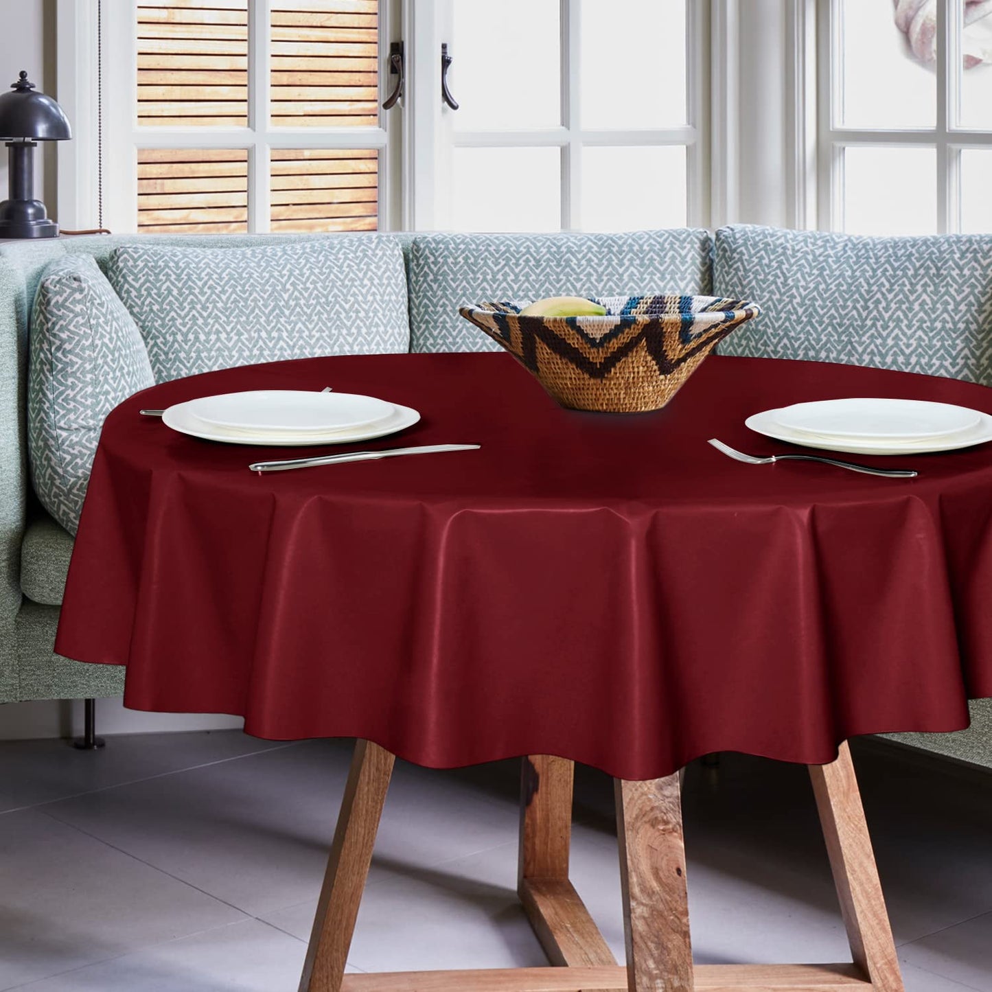 sancua 100% Waterproof Round PVC Tablecloth - 60 Inch - Oil Proof Spill Proof Vinyl Table Cloth, Wipe Clean Table Cover for Dining Tables, Buffet Parties and Camping, Burgundy