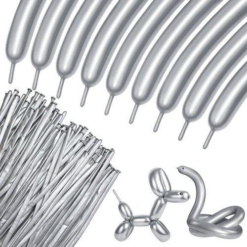 100Pcs 260 Balloons Metallic Silver Long Balloons for balloon animals, silver Skinny Latex Twisting Balloon for Animals Modeling Christmas Birthday Wedding Party Decorations.(Sliver)