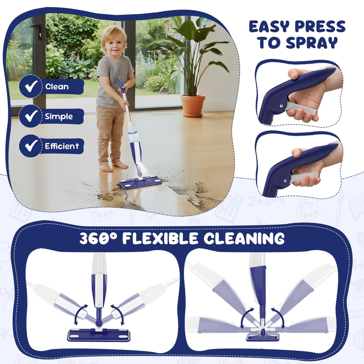 Kids Spray Mop - Chores Chart Set Montessori Cleaning Toy Set with Real Water Sprayer 2PCS Washable Pads and 10PCS Disposable Mop Pads for Ages 3-8 (Blue)