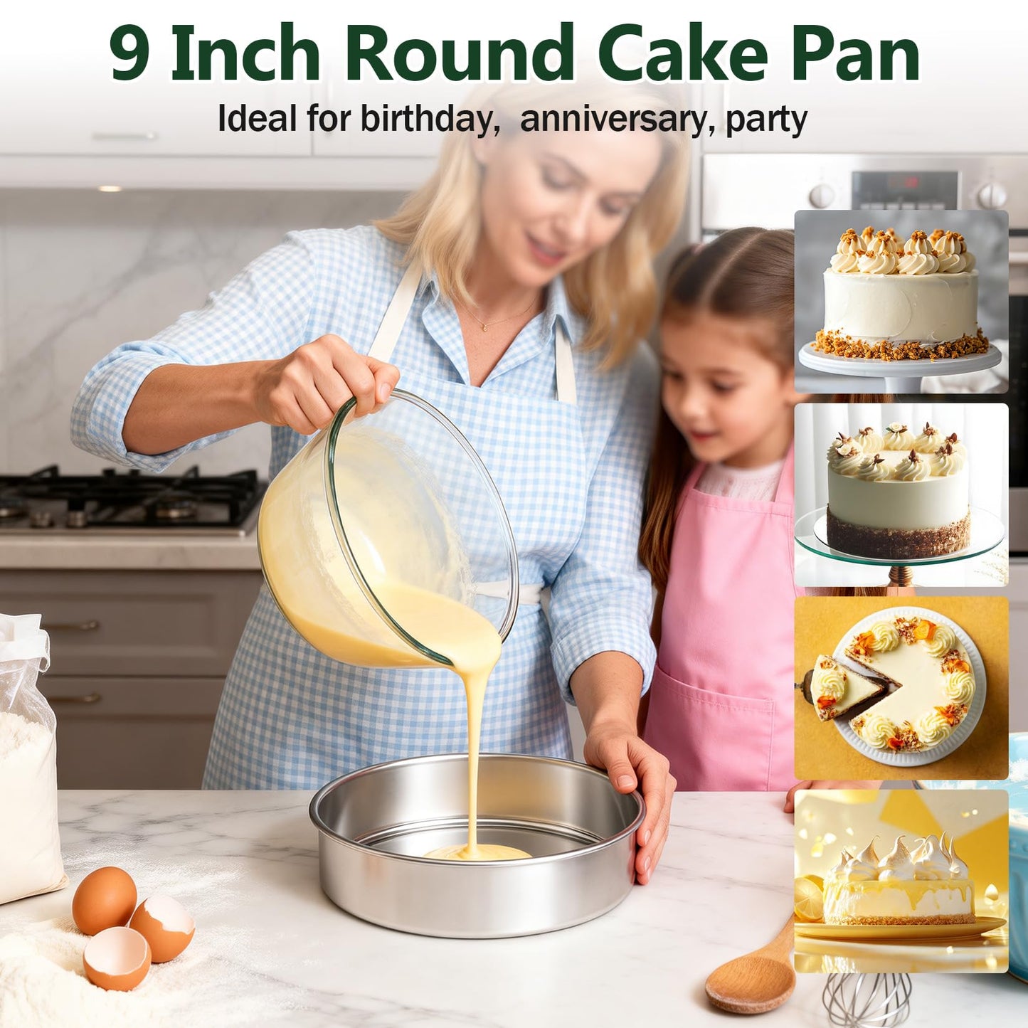 P&P CHEF 9 Inch Cake Pan Set of 3, 3 Pieces Round Layer Cake Baking Pans, Stainless Steel Smash Cake Tin Bakeware for Cooking Steaming, Nontoxic & Sturdy, Oven & Dishwasher Safe