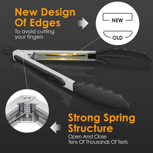 HOTEC Premium Stainless Steel Locking Kitchen Tongs with Silicon Tips, Heat Resistant Cooking Tongs Set of 3-7", 9" and 12" (Black)