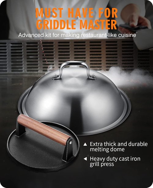 HOMENOTE Griddle Accessories - 12 Inch Heavy Duty Melting Dome & Round Cast Iron Burger Press | Perfect for Flat Top Hibachi Grill