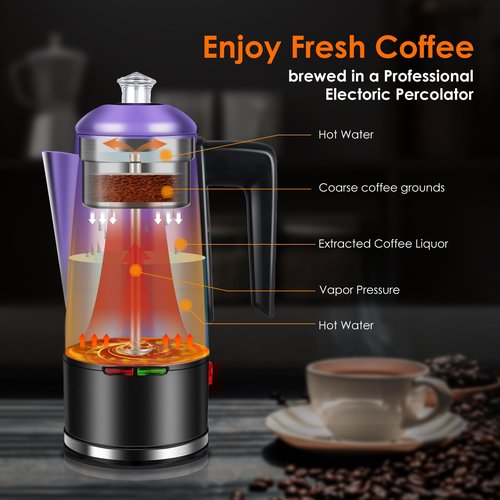 HOMOKUS Electric Coffee Percolator 12 CUPS Percolator Coffee Pot Stainless Steel Percolator Coffee Maker with Clear Knob Cool-touch Handle Auto Keep Warm Function (Purple)