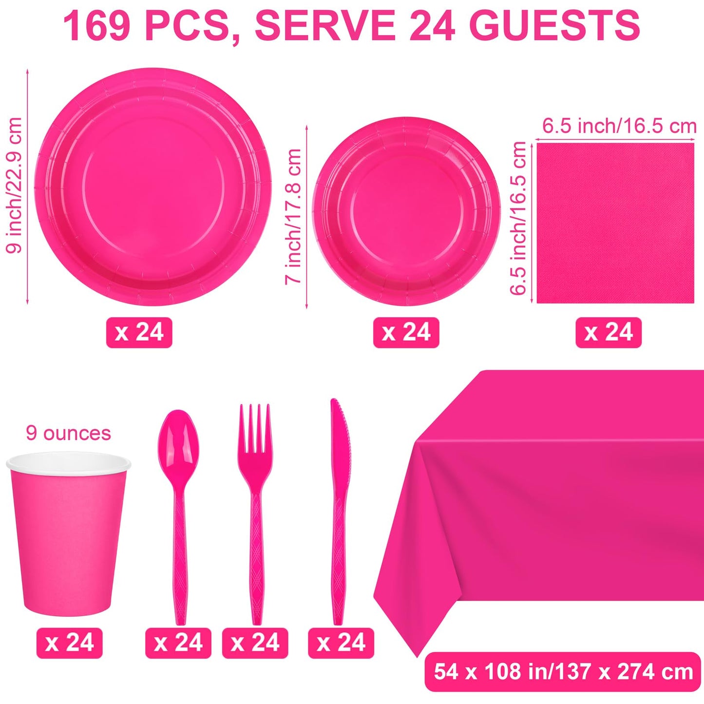 Kochorie 169 Pieces Hot Pink Party Supplies Disposable Dinnerware Set Include Plates and Cups Napkins Plastic Forks Knives Spoons Tablecloth for Wedding Birthday Party Decorations, Serve 24 Guests