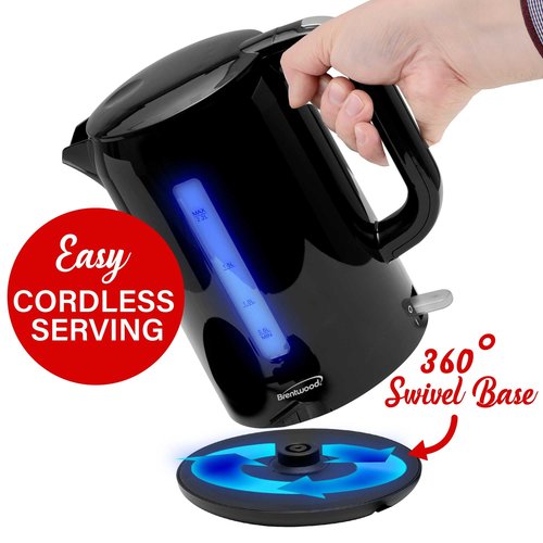 Brentwood 1100W BPA Free Cordless Electric Kettle with Concealed Stainless Steel Heating Element, 360° Base, Auto Shut Off, and Boil Dry Protection (Black, 2.2L)