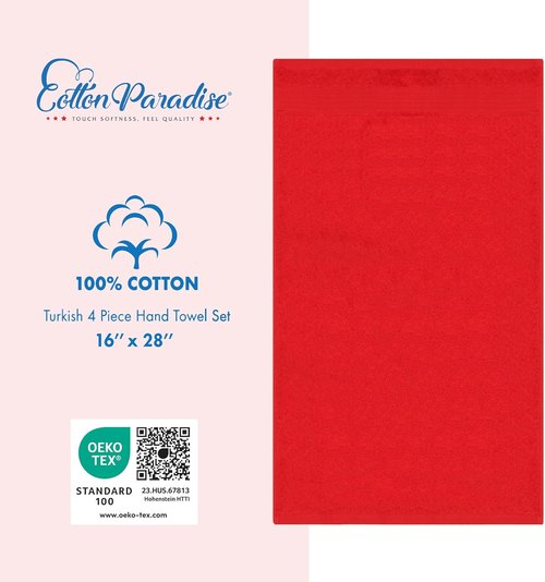 Cotton Paradise Hand Towels - 100% Turkish Cotton, Soft & Absorbent 4-Piece Set in Red